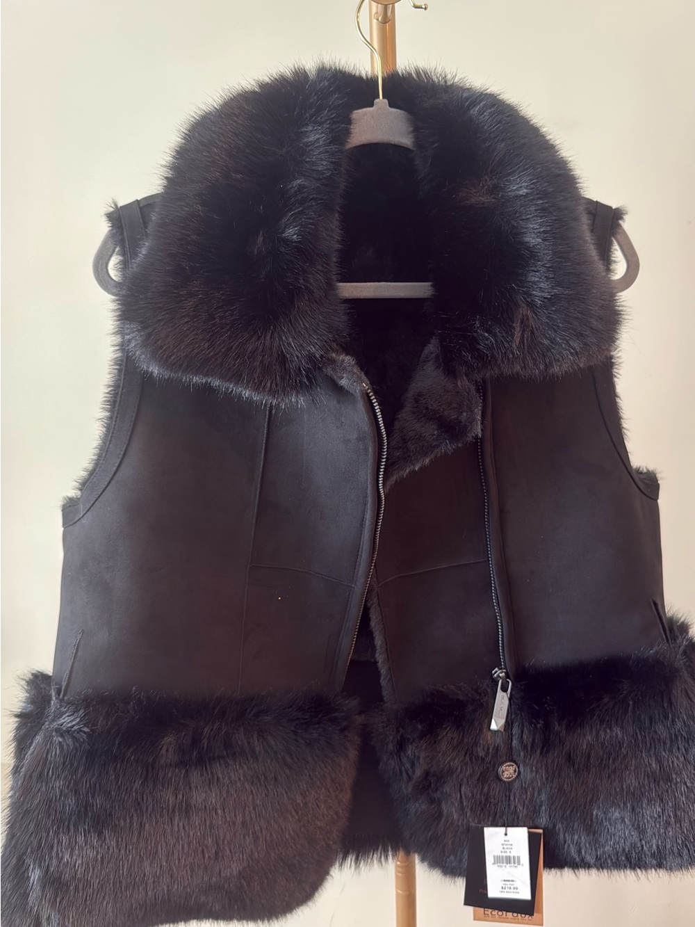 Women's Black Faux Shearling Vest with Plush Fur Trim